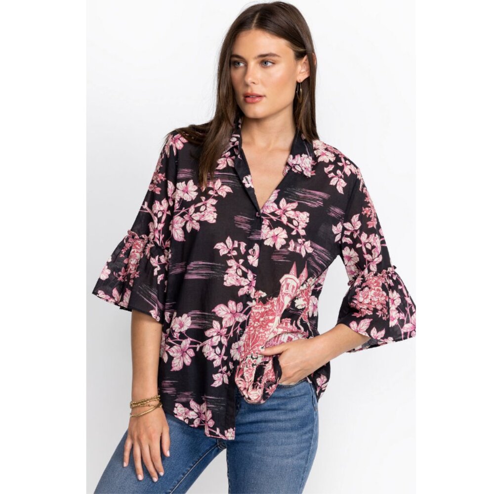JOHNNY WAS House on the Hill Ruffle Sleeve Blouse Pink/Black Size L - Picture 12 of 13